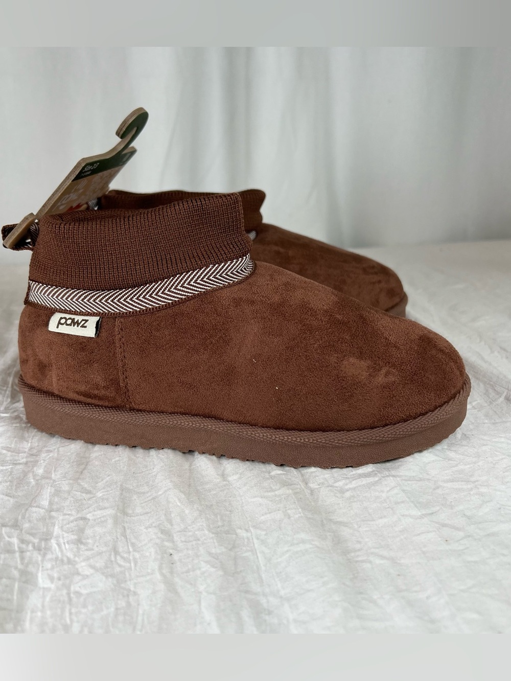 PAWZ Youth sz2 Chocolate Brown Suede-Look Slip-On Ankle Bootie Slippers Cozy NEW